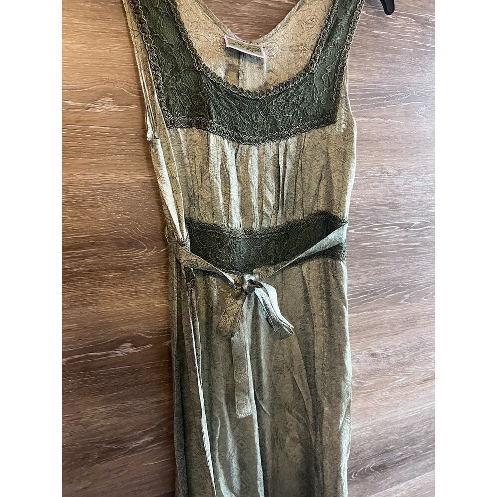 Boho Hippie Whimsigoth Rayon Dress Womens M Green Brown Fairy Core Lace Witchy - Picture 2 of 9